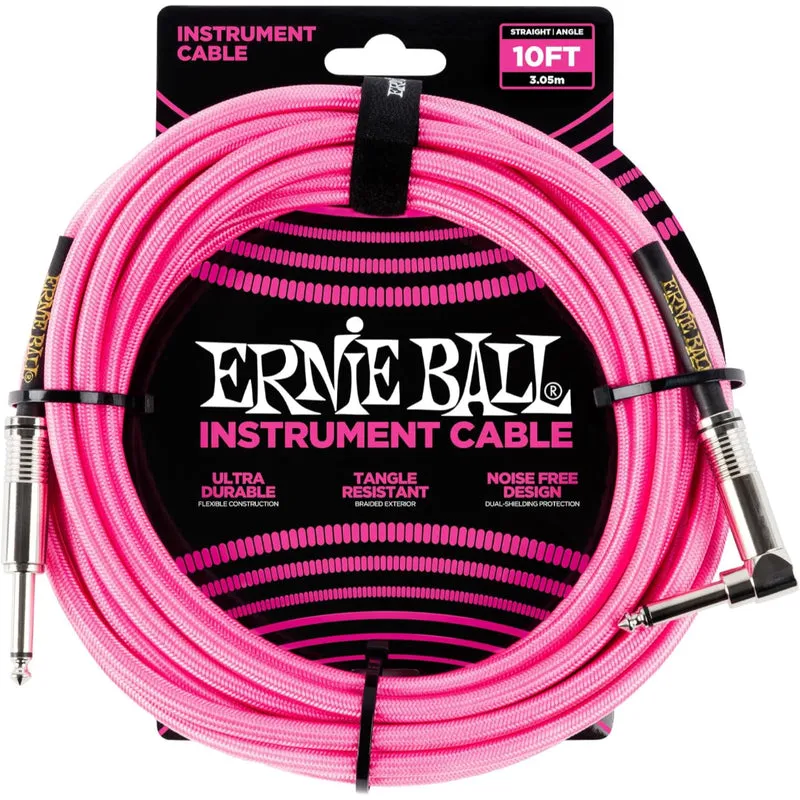 Ernie Ball P06078 10 ft Braided Instrument Cable | Neon Pink